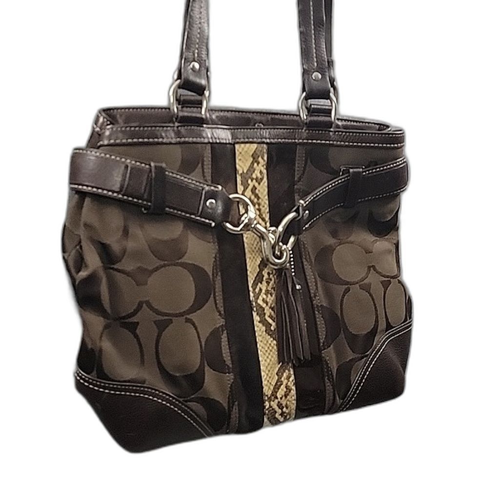 Coach Hampton Signature Logo Python Brown Tote Sh… - image 2